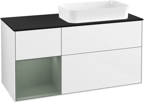 VILLEROY BOCH Toaletní skříňka Finion, s osvětlením, 3 výsuvy, 1200 x 603 x 501 mm, lesklý bílý lak / olivově matný lak / černé matné sklo #F682GMGF
