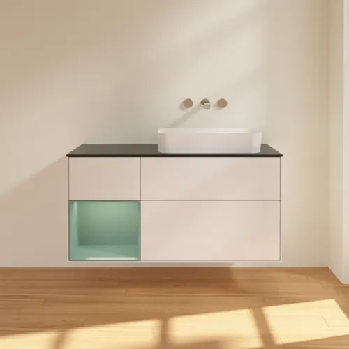 VILLEROY BOCH Toaletní skříňka Finion, s osvětlením, 3 výsuvy, 1200 x 603 x 501 mm, lesklý bílý lak / olivově matný lak / černé matné sklo #F682GMGF, obrázek 3
