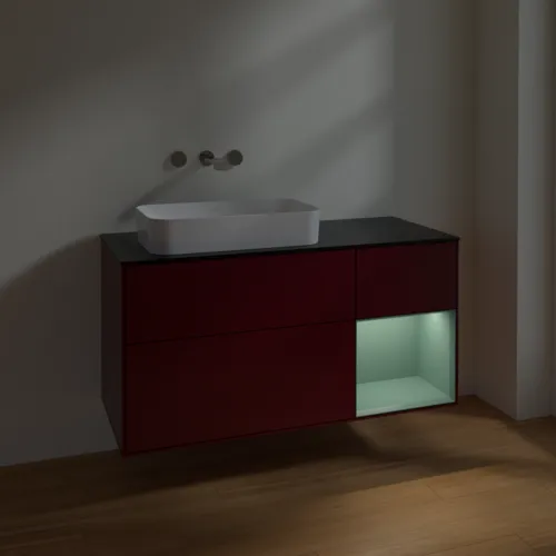 VILLEROY BOCH Toaletní skříňka Finion, s osvětlením, 3 výsuvy, 1200 x 603 x 501 mm, Pivoňka matný lak / Olivový matný lak / Sklo černé matné #F692GMHB, obrázek 4