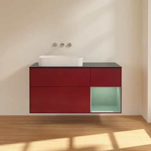 VILLEROY BOCH Toaletní skříňka Finion, s osvětlením, 3 výsuvy, 1200 x 603 x 501 mm, Pivoňka matný lak / Olivový matný lak / Sklo černé matné #F692GMHB, obrázek 3