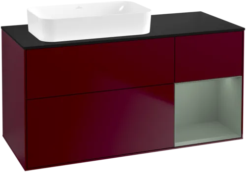 VILLEROY BOCH Toaletní skříňka Finion, s osvětlením, 3 výsuvy, 1200 x 603 x 501 mm, Pivoňka matný lak / Olivový matný lak / Sklo černé matné #F692GMHB