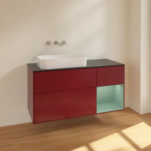 VILLEROY BOCH Toaletní skříňka Finion, s osvětlením, 3 výsuvy, 1200 x 603 x 501 mm, Pivoňka matný lak / Olivový matný lak / Sklo černé matné #F692GMHB, obrázek 2