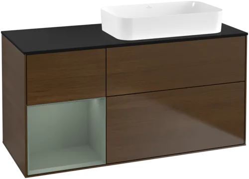 VILLEROY BOCH Toaletní skříňka Finion, s osvětlením, 3 výsuvy, 1200 x 603 x 501 mm, ořechová dýha / olivově matný lak / sklo černé matné #F682GMGN