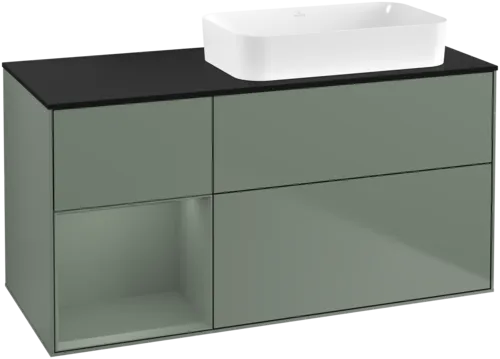 VILLEROY BOCH Toaletní skříňka Finion, s osvětlením, 3 výsuvy, 1200 x 603 x 501 mm, olivově matný lak / olivově matný lak / sklo černé matné #F682GMGM