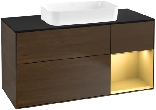 VILLEROY BOCH Toaletní skříňka Finion, s osvětlením, 3 výsuvy, 1200 x 603 x 501 mm, ořechová dýha / zlatý matný lak / černé matné sklo #F712HFGN