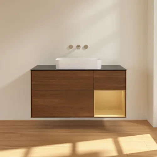VILLEROY BOCH Toaletní skříňka Finion, s osvětlením, 3 výsuvy, 1200 x 603 x 501 mm, ořechová dýha / zlatý matný lak / černé matné sklo #F712HFGN, obrázek 3