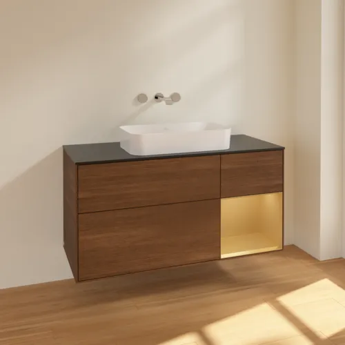 VILLEROY BOCH Toaletní skříňka Finion, s osvětlením, 3 výsuvy, 1200 x 603 x 501 mm, ořechová dýha / zlatý matný lak / černé matné sklo #F712HFGN, obrázek 2