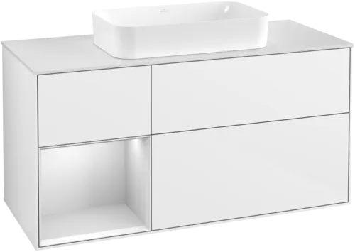 VILLEROY BOCH Toaletní skříňka Finion, s osvětlením, 3 výsuvy, 1200 x 603 x 501 mm, lesklý bílý lak / bílý matný lak / bílé matné sklo #F701MTGF