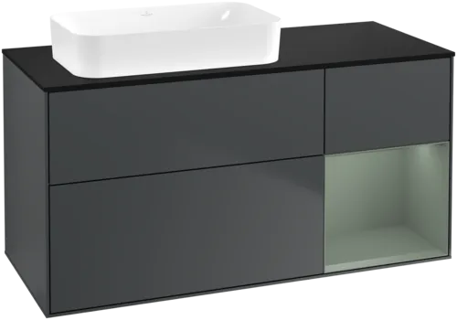 VILLEROY BOCH Toaletní skříňka Finion, s osvětlením, 3 výsuvy, 1200 x 603 x 501 mm, Midnight Blue Matt Lacquer / Olive Matt Lacquer / Glass Black Matt #F692GMHG