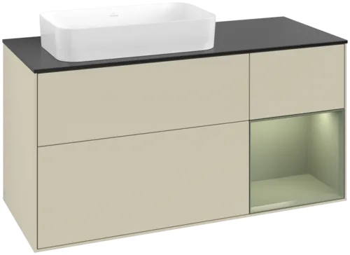 VILLEROY BOCH Toaletní skříňka Finion, s osvětlením, 3 výsuvy, 1200 x 603 x 501 mm, hedvábně šedý matný lak / olivový matný lak / černé matné sklo #F692GMHJ