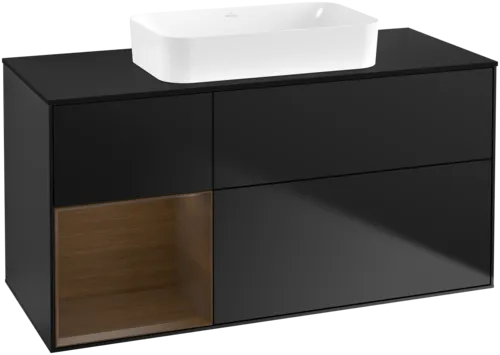 VILLEROY BOCH Toaletní skříňka Finion, s osvětlením, 3 výsuvy, 1200 x 603 x 501 mm, černý matný lak / ořechová dýha / černé matné sklo #F702GNPD