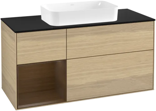 VILLEROY BOCH Toaletní stolek Finion, s osvětlením, 3 výsuvy, 1200 x 603 x 501 mm, dubová dýha / ořechová dýha / sklo černé matné #F702GNPC