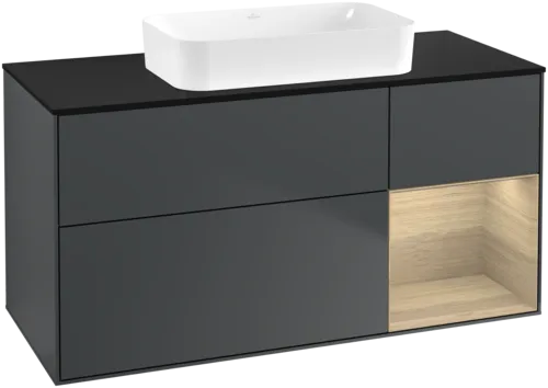 VILLEROY BOCH Toaletní skříňka Finion, s osvětlením, 3 výsuvy, 1200 x 603 x 501 mm, Midnight Blue Matt Lacquer / Oak Veneer / Glass Black Matt #F712PCHG