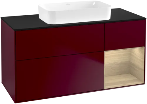 VILLEROY BOCH Toaletní skříňka Finion, s osvětlením, 3 výsuvy, 1200 x 603 x 501 mm, matný lak Peony / dubová dýha / černé matné sklo #F712PCHB