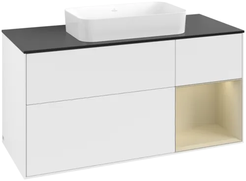 VILLEROY BOCH Toaletní skříňka Finion, s osvětlením, 3 výsuvy, 1200 x 603 x 501 mm, bílý matný lak / hedvábně šedý matný lak / černé matné sklo #F712HJMT