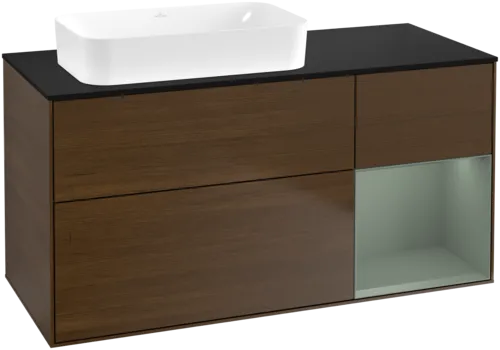 VILLEROY BOCH Toaletní skříňka Finion, s osvětlením, 3 výsuvy, 1200 x 603 x 501 mm, ořechová dýha / olivově matný lak / sklo černé matné #F692GMGN