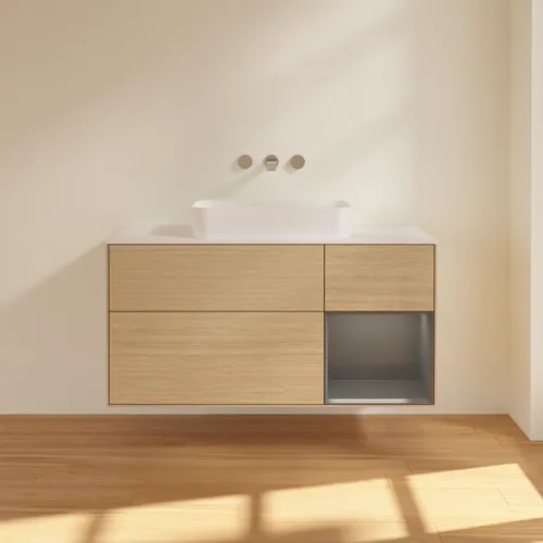 VILLEROY BOCH Toaletní skříňka Finion, s osvětlením, 3 výsuvy, 1200 x 603 x 501 mm, dubová dýha / antracitový matný lak / bílé matné sklo #F711GKPC, obrázek 2