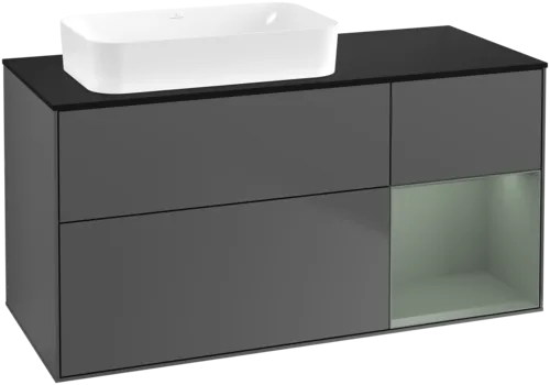 VILLEROY BOCH Toaletní skříňka Finion, s osvětlením, 3 výsuvy, 1200 x 603 x 501 mm, antracitový matný lak / olivový matný lak / černé matné sklo #F692GMGK