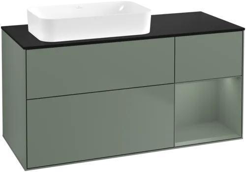 VILLEROY BOCH Toaletní skříňka Finion, s osvětlením, 3 výsuvy, 1200 x 603 x 501 mm, olivově matný lak / olivově matný lak / sklo černé matné #F692GMGM