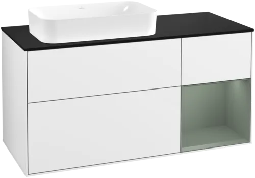 VILLEROY BOCH Toaletní skříňka Finion, s osvětlením, 3 výsuvy, 1200 x 603 x 501 mm, lesklý bílý lak / olivově matný lak / černé matné sklo #F692GMGF