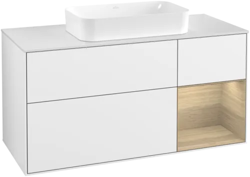 VILLEROY BOCH Toaletní skříňka Finion, s osvětlením, 3 výsuvy, 1200 x 603 x 501 mm, lesklý bílý lak / dubová dýha / sklo bílé matné #F711PCGF