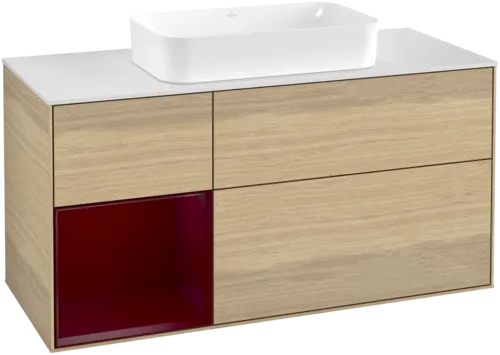 VILLEROY BOCH Toaletní skříňka Finion, s osvětlením, 3 výsuvy, 1200 x 603 x 501 mm, dubová dýha / matný lak Pivoňka / matné bílé sklo #F701HBPC