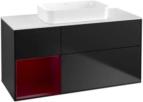 VILLEROY BOCH Toaletní skříňka Finion, s osvětlením, 3 výsuvy, 1200 x 603 x 501 mm, černý matný lak / pivoňkový matný lak / bílé matné sklo #F701HBPD