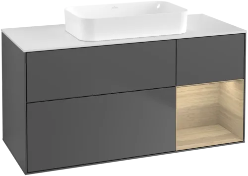 VILLEROY BOCH Toaletní skříňka Finion, s osvětlením, 3 výsuvy, 1200 x 603 x 501 mm, antracit matný lak / dubová dýha / sklo bílé matné #F711PCGK