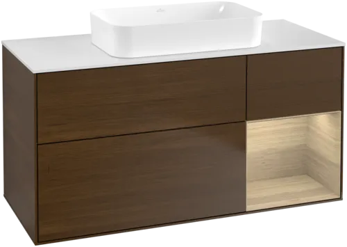 VILLEROY BOCH Toaletní skříňka Finion, s osvětlením, 3 výsuvy, 1200 x 603 x 501 mm, ořechová dýha / dubová dýha / sklo bílé matné #F711PCGN