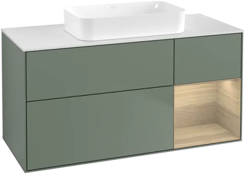VILLEROY BOCH Toaletní skříňka Finion, s osvětlením, 3 výsuvy, 1200 x 603 x 501 mm, olivový matný lak / dubová dýha / sklo bílé matné #F711PCGM