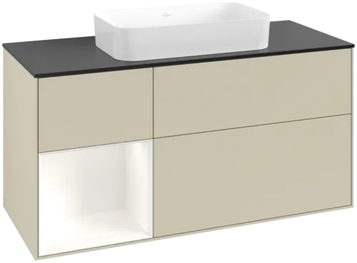 VILLEROY BOCH Toaletní skříňka Finion, s osvětlením, 3 výsuvy, 1200 x 603 x 501 mm, Silk Grey Matt Lacquer / White Matt Lacquer / Glass Black Matt #F702MTHJ