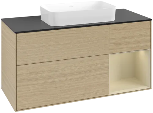 VILLEROY BOCH Toaletní skříňka Finion, s osvětlením, 3 výsuvy, 1200 x 603 x 501 mm, dubová dýha / hedvábně šedý matný lak / sklo černé matné #F712HJPC