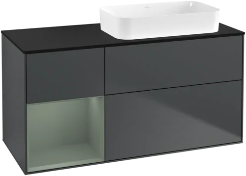 VILLEROY BOCH Toaletní skříňka Finion, s osvětlením, 3 výsuvy, 1200 x 603 x 501 mm, Midnight Blue Matt Lacquer / Olive Matt Lacquer / Glass Black Matt #F682GMHG