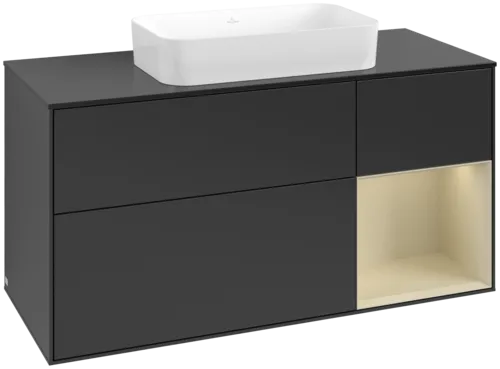 VILLEROY BOCH Toaletní skříňka Finion, s osvětlením, 3 výsuvy, 1200 x 603 x 501 mm, černý matný lak / hedvábně šedý matný lak / černé matné sklo #F712HJPD