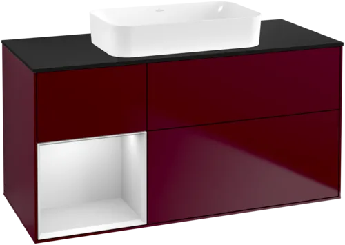VILLEROY BOCH Toaletní skříňka Finion, s osvětlením, 3 výsuvy, 1200 x 603 x 501 mm, matný lak Peony / bílý matný lak / černé matné sklo #F702MTHB