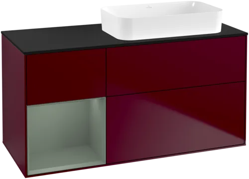 VILLEROY BOCH Toaletní skříňka Finion, s osvětlením, 3 výsuvy, 1200 x 603 x 501 mm, Pivoňka matný lak / Olivový matný lak / Sklo černé matné #F682GMHB