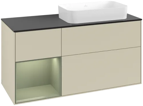 VILLEROY BOCH Toaletní skříňka Finion, s osvětlením, 3 výsuvy, 1200 x 603 x 501 mm, hedvábně šedý matný lak / olivový matný lak / černé matné sklo #F682GMHJ