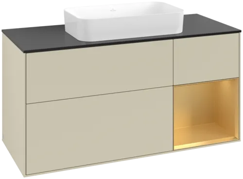 VILLEROY BOCH Toaletní skříňka Finion, s osvětlením, 3 výsuvy, 1200 x 603 x 501 mm, Silk Grey Matt Lacquer / Gold Matt Lacquer / Glass Black Matt #F712HFHJ
