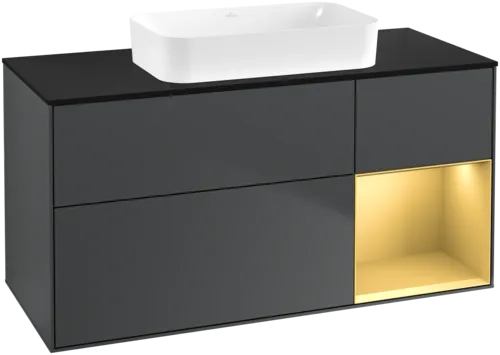 VILLEROY BOCH Toaletní skříňka Finion, s osvětlením, 3 výsuvy, 1200 x 603 x 501 mm, Midnight Blue Matt Lacquer / Gold Matt Lacquer / Glass Black Matt #F712HFHG