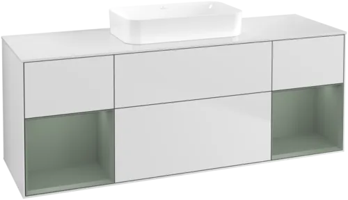 VILLEROY BOCH Toaletní skříňka Finion, s osvětlením, 4 výsuvy, 1600 x 603 x 501 mm, bílý matný lak / olivový matný lak / bílé matné sklo #F741GMMT