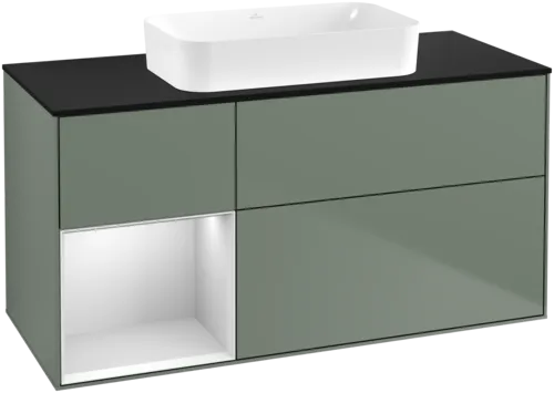 VILLEROY BOCH Toaletní skříňka Finion, s osvětlením, 3 výsuvy, 1200 x 603 x 501 mm, olivový matný lak / bílý matný lak / černé matné sklo #F702MTGM