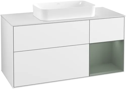 VILLEROY BOCH Toaletní skříňka Finion, s osvětlením, 3 výsuvy, 1200 x 603 x 501 mm, lesklý bílý lak / olivově matný lak / sklo bílé matné #F711GMGF