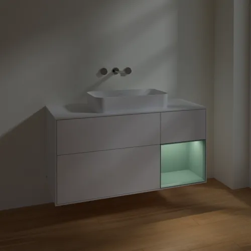 VILLEROY BOCH Toaletní skříňka Finion, s osvětlením, 3 výsuvy, 1200 x 603 x 501 mm, lesklý bílý lak / olivově matný lak / sklo bílé matné #F711GMGF, obrázek 4