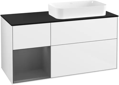 VILLEROY BOCH Toaletní skříňka Finion, s osvětlením, 3 výsuvy, 1200 x 603 x 501 mm, lesklý bílý lak / antracitový matný lak / černé matné sklo #F682GKGF