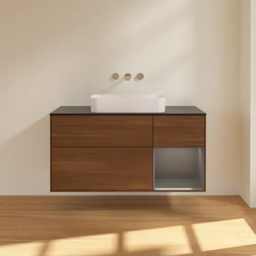 VILLEROY BOCH Toaletní skříňka Finion, s osvětlením, 3 výsuvy, 1200 x 603 x 501 mm, ořechová dýha / antracitový matný lak / černé matné sklo #F712GKGN, obrázek 3