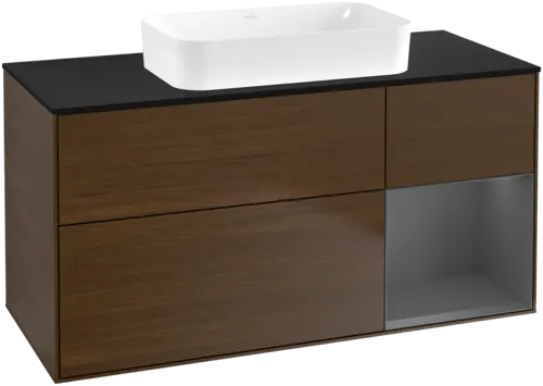 VILLEROY BOCH Toaletní skříňka Finion, s osvětlením, 3 výsuvy, 1200 x 603 x 501 mm, ořechová dýha / antracitový matný lak / černé matné sklo #F712GKGN