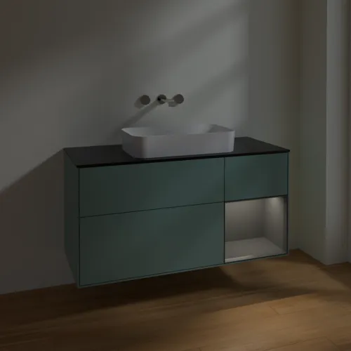 VILLEROY BOCH Toaletní skříňka Finion, s osvětlením, 3 výsuvy, 1200 x 603 x 501 mm, olivový matný lak / antracitový matný lak / černé matné sklo #F712GKGM, obrázek 3
