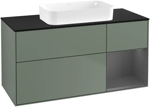 VILLEROY BOCH Toaletní skříňka Finion, s osvětlením, 3 výsuvy, 1200 x 603 x 501 mm, olivový matný lak / antracitový matný lak / černé matné sklo #F712GKGM
