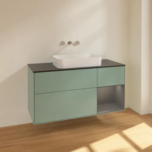 VILLEROY BOCH Toaletní skříňka Finion, s osvětlením, 3 výsuvy, 1200 x 603 x 501 mm, olivový matný lak / antracitový matný lak / černé matné sklo #F712GKGM, obrázek 2