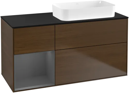 VILLEROY BOCH Toaletní skříňka Finion, s osvětlením, 3 výsuvy, 1200 x 603 x 501 mm, ořechová dýha / antracitový matný lak / černé matné sklo #F682GKGN